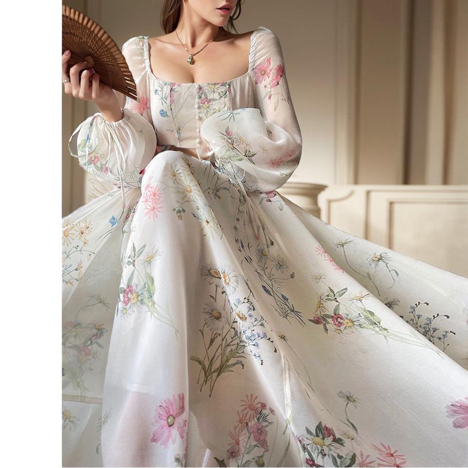 

Women s French-Inspired Square Neck Floral Dress - Spring Design, Long Sleeve, Fairy Tea Dress Small