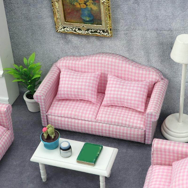 Soft Fabric Miniature Sofa Set With Cushions For 1/12 Doll House Accessories Living Room Scene Display Decoration