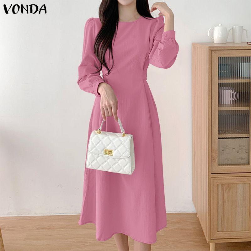 VONDA Women Elegant Round Neck Solid Color Casual Long Sleeve A-line Dress
