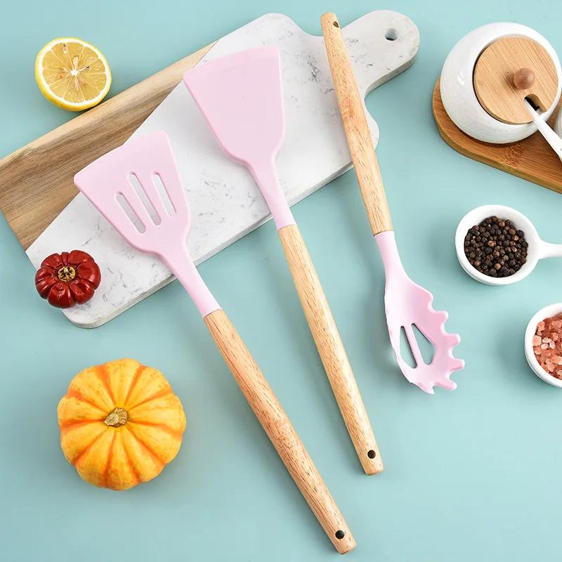 12PCS Silicone Kitchenware Non-Stick Cookware Kitchen Utensils Set Spatula Shovel Egg Beaters Wooden Handle Cooking Tool Set