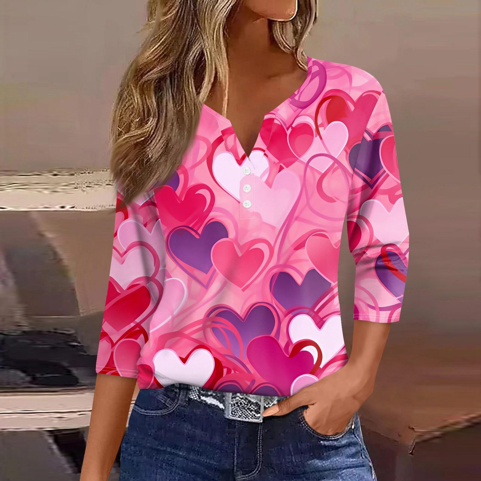 

Жіноча футболка на День Святого Валентина Туніка з ґудзиками з 3/4 рукавами Щоденна мода на вихідні Базовий V-подібний виріз Звичайний топ M