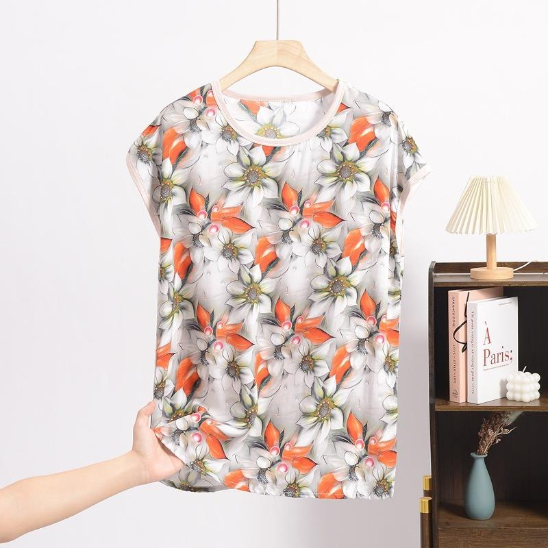 Dam Silke Jacquard Rundhals Kortärmad Tunn Mamma T-shirt Sommar Stor Storlek Blommig Bekväm Andningsbar Mångsidig Lös Topp