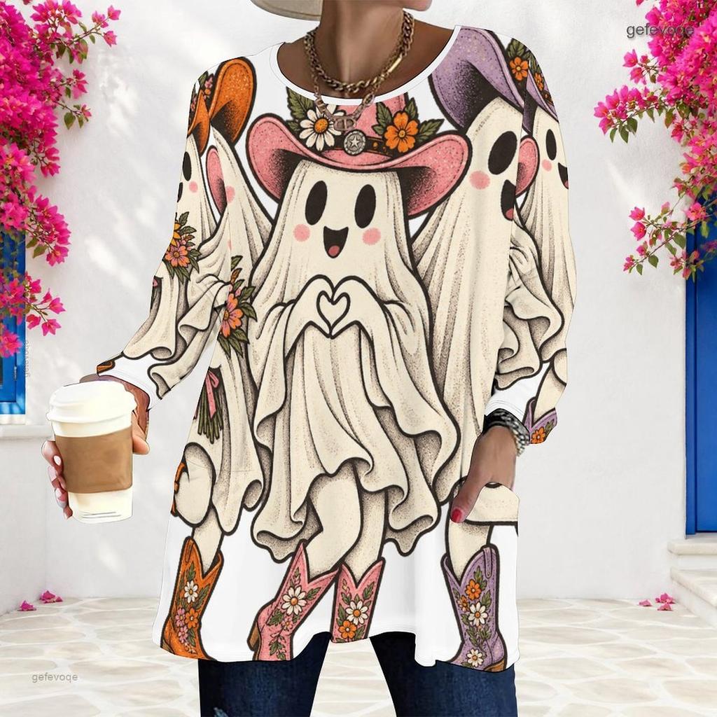 Women Plus Size Round Neck Long Sleeve T Shirt Cute Teddy Bear Pumpkin Print Loose Longline With Pockets
