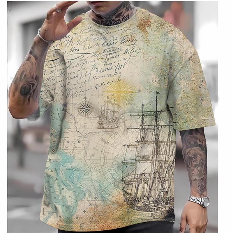 Vintage Nautical Graphic T-Shirt For Men Ship Map 3D Printed Tees Summer Casual Oversized Round Neck Tops T Shirts Short Sleeves