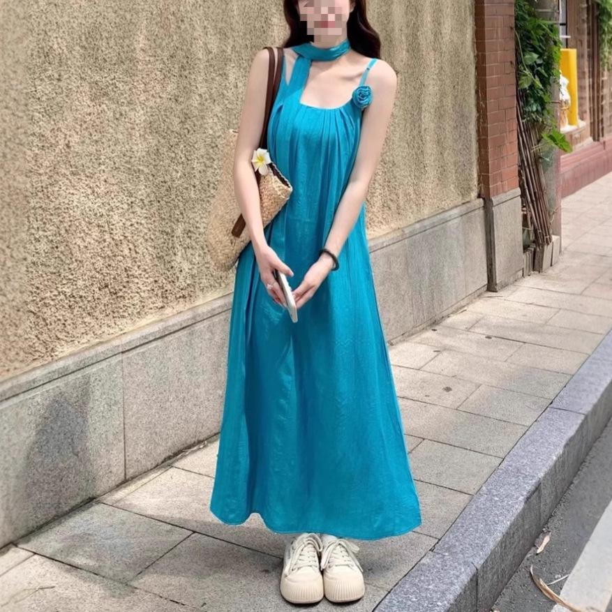 

Bright Color Dopamine Thai Summer Halter Tank Beach Dress for Women M