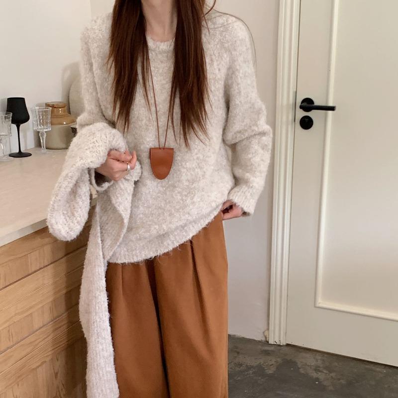 

Circle yarn versatile crew neck sweater autumn and winter solid color lazy loose soft waxy with scarf knitted sweater women average size абрикосовый