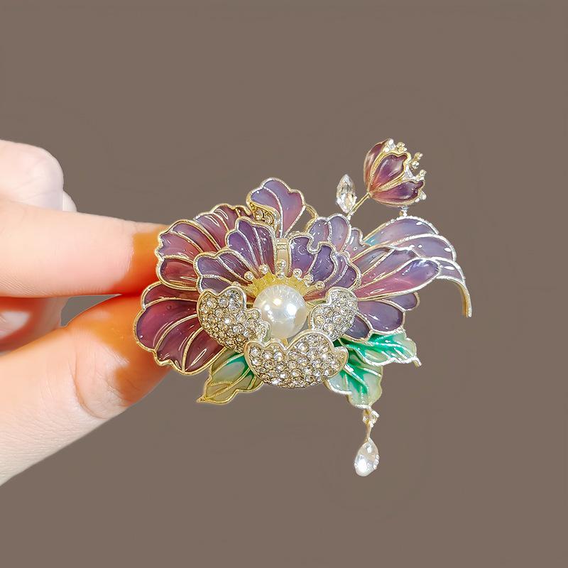 Korean Style Pearl Enamel Peony Brooch - Women's High-End DIY Corsage Pin