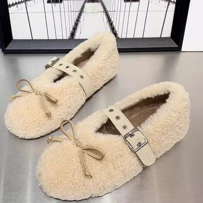 Fashion 2024 Winter New Fashionable Solid Color Butterfly Knot with One Line Buckle and Hairy Women Flat Shoes Comfortable Women's Shoes