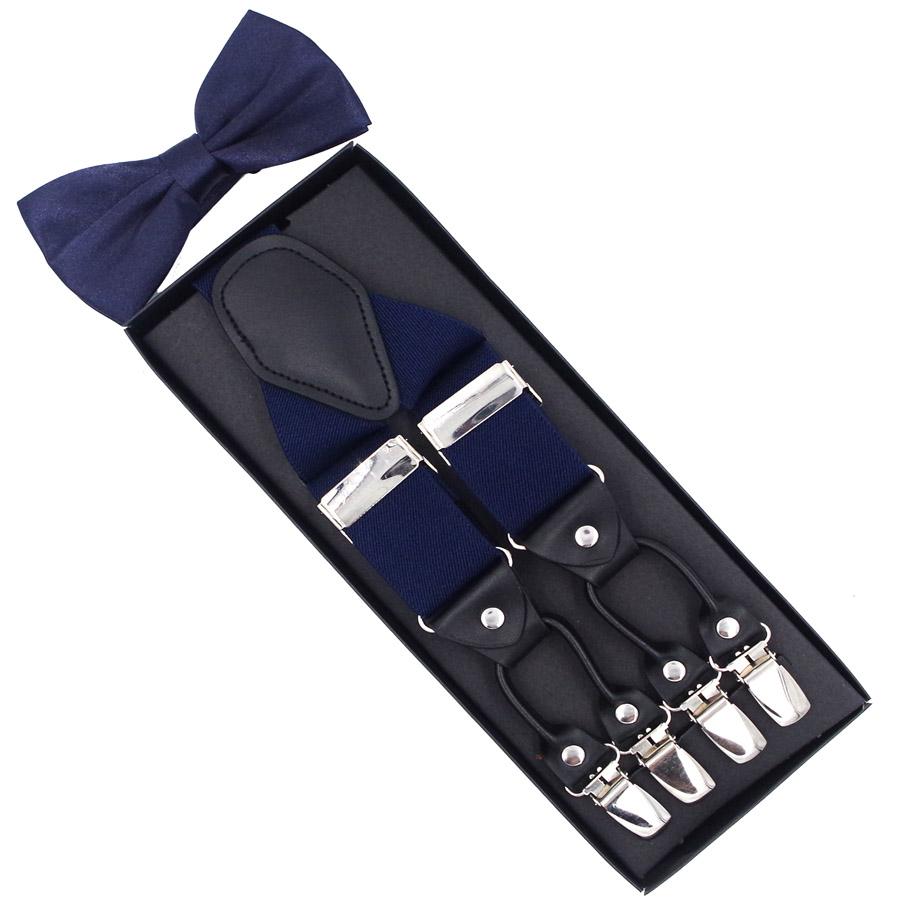 

New Suspenders Set leather 6 Clips Braces with Bow Tie Vintage Casual Suspensorio Trousers Strap Father/Husband s Gift темно-синього кольору