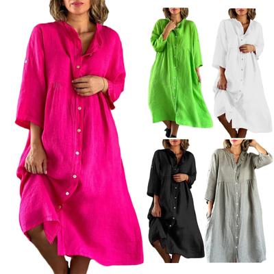 Vestido camisa feminino solto de algodão com botão casual solto maxi vestidos