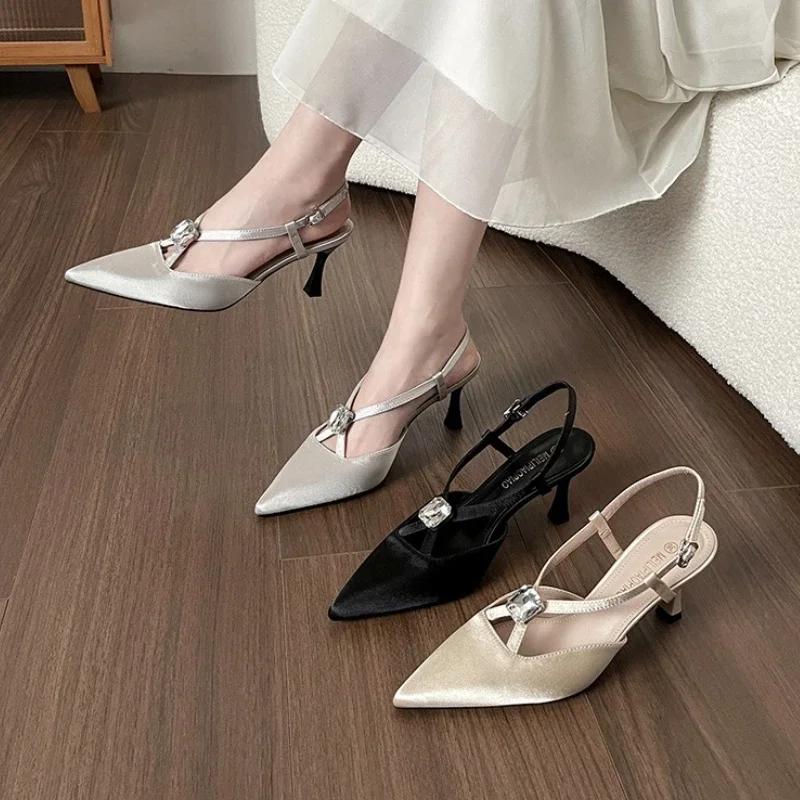 Fashion Elegant Rhinestone Narrow Band Pumps Women Sexy Pointed Toe Satin Slingback High Heeled Sandals Fashion Comfort Party Dress Shoe