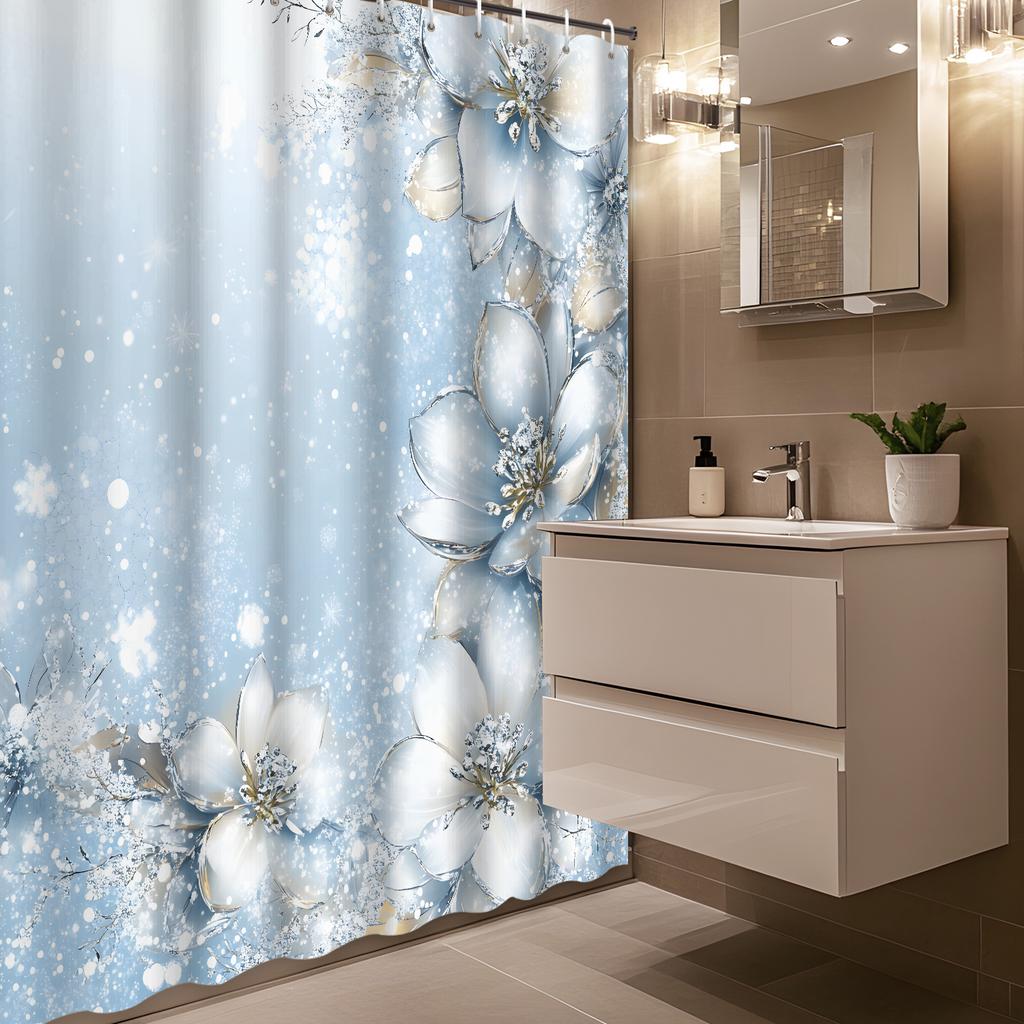 Open 1pc Fashionable Blue Floral Shower Curtain, Includes 12 Hooks Bathroom Decor, Bath Accessory Home Decoration