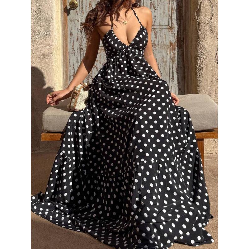 2026 summer new printed seaside vacation style V-neck neck halter strap dress women XS