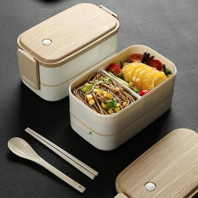 Portapranzo portatile in plastica a doppio strato con stampa effetto legno, con bacchette e cucchiaio, per insalata, per ufficio, scuola, picnic, campeggio