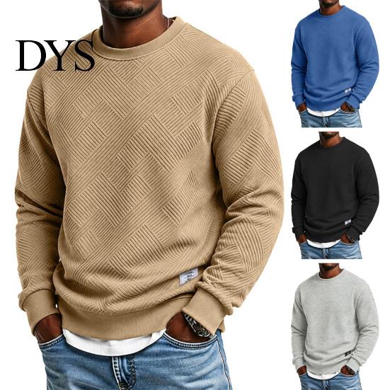 Mens Casual Crewneck Sweatshirt Men Sweatshirt, Soild Color Geometric Texture Ribbed Cuff Hem Loose Fit Pullover Shirt for Office Street Daily