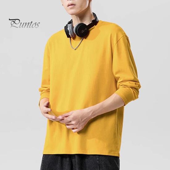 Herrenhemd Rundhals Langarm Weiches Atmungsaktives T-Shirt Einfarbig Lockere Passform Frühling Sommer Casual Tops