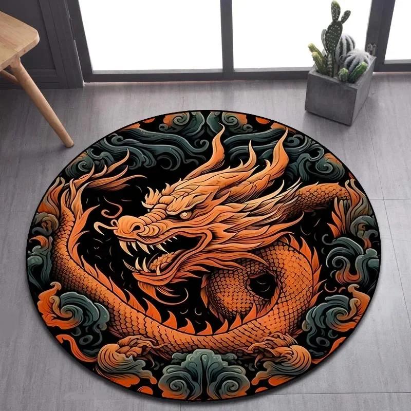 Cartoon 3D Dragon Round Area Rug – Non-Slip Floor Mat for Living Room or Bedroom – Game Room Decor, Kids Play Carpet