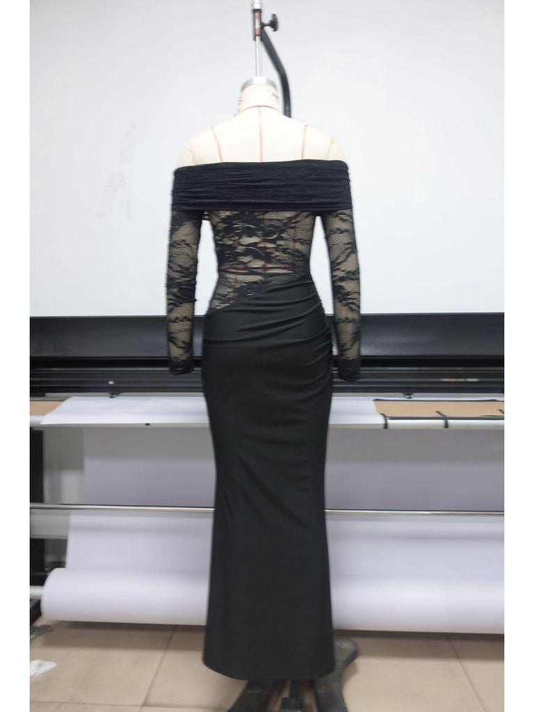 European & American Off-Shoulder Lace Long-Sleeve Dress - Sexy, High-End, Hip-Hugging Summer Style