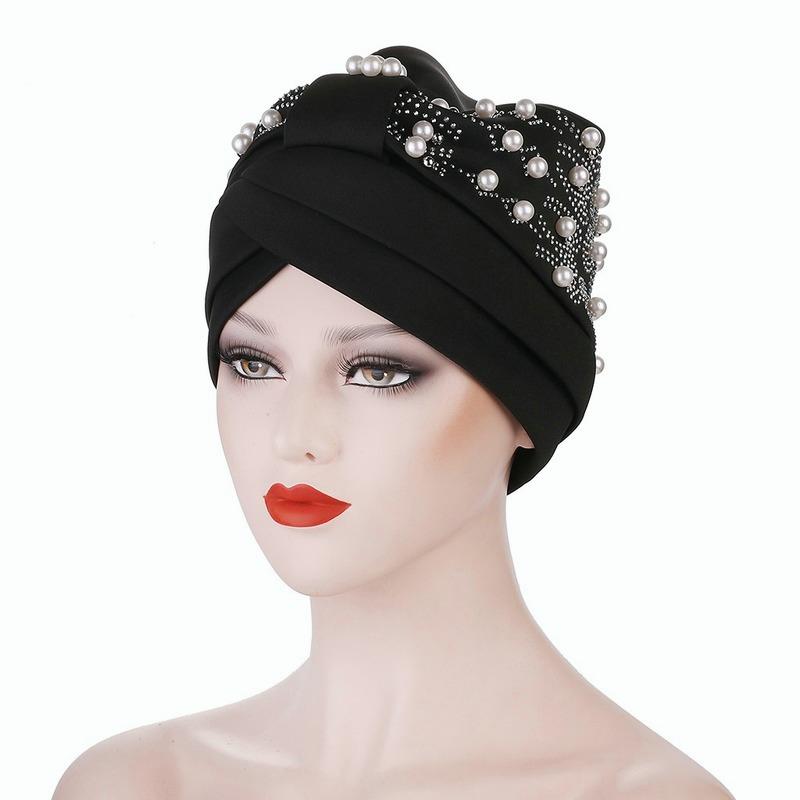 Women's Solid Color Hot Drilling Pearl Turban Hat Cap Head Hat Accessories