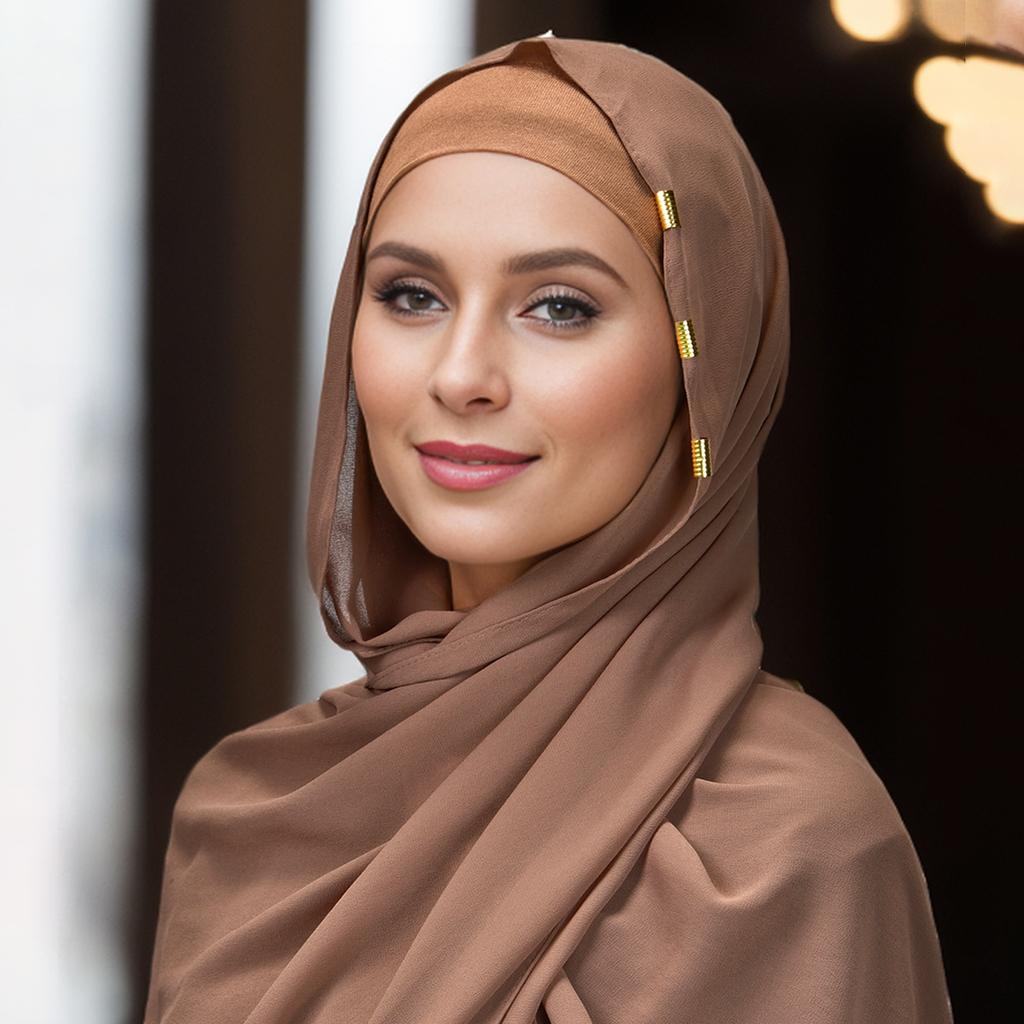 Solid Chiffon Hijab With Scarf Buckle Set Muslim Woman Hijabs Shawls Soft Islimic Turban Headband And Metal Hollow Buckle Set