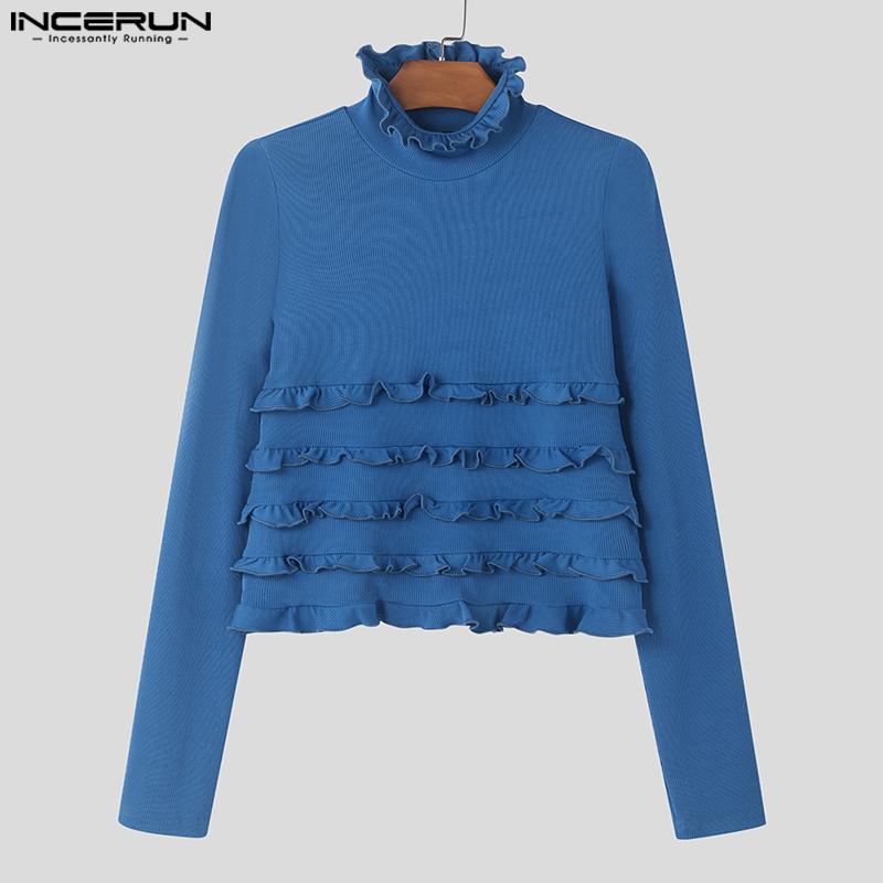 INCERUN Ανδρικά κοντό μπλουζάκια με ψηλό λαιμό και βολάν