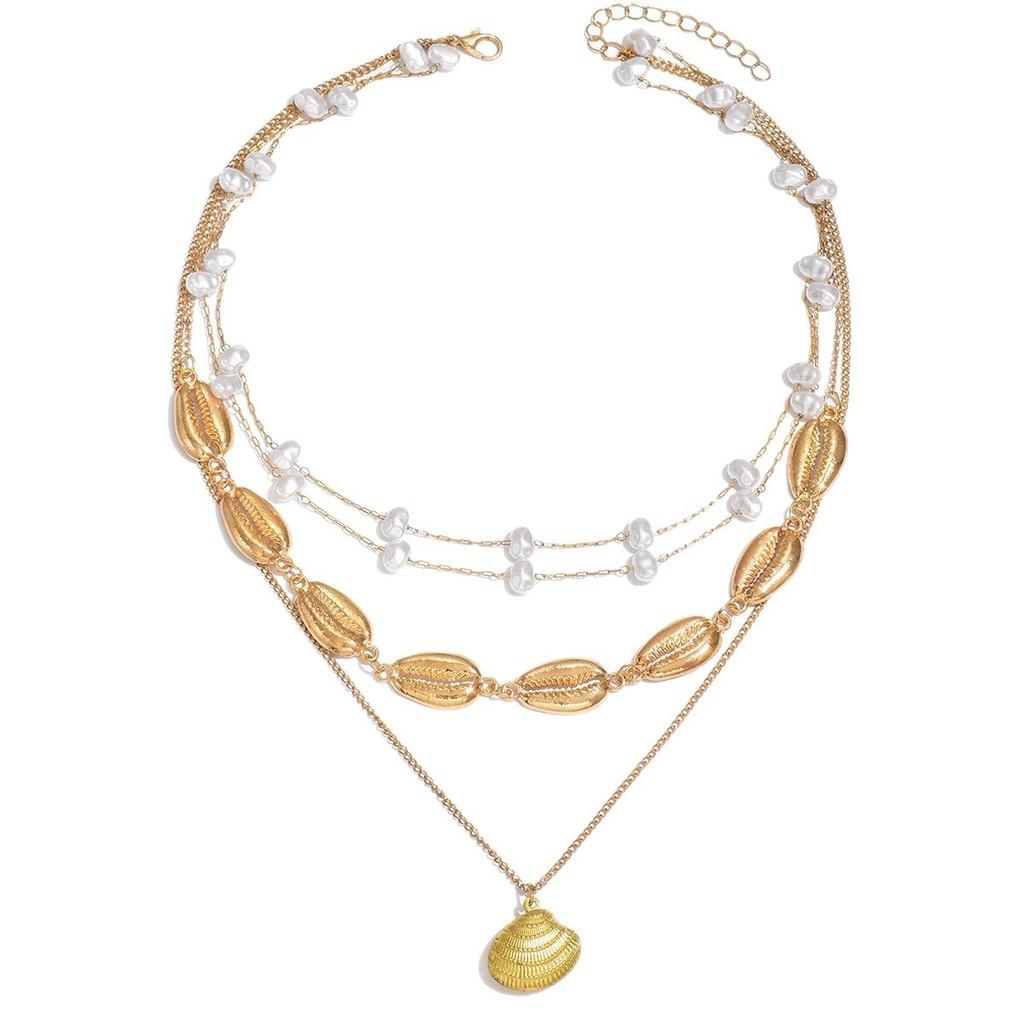 Summer Shell Necklace For Women With Multilayer Geometric Pendant And Pearl Accents