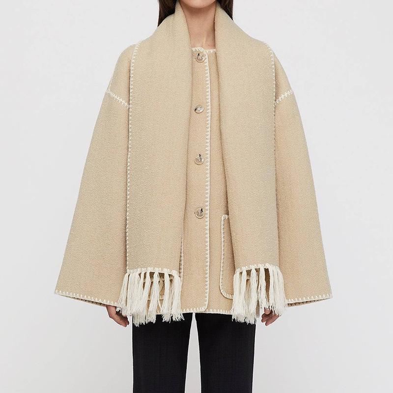 2023 Autumn/Winter Women's Wool Coat with Scarf & Tassels - European & American Style, Thick & Loose.