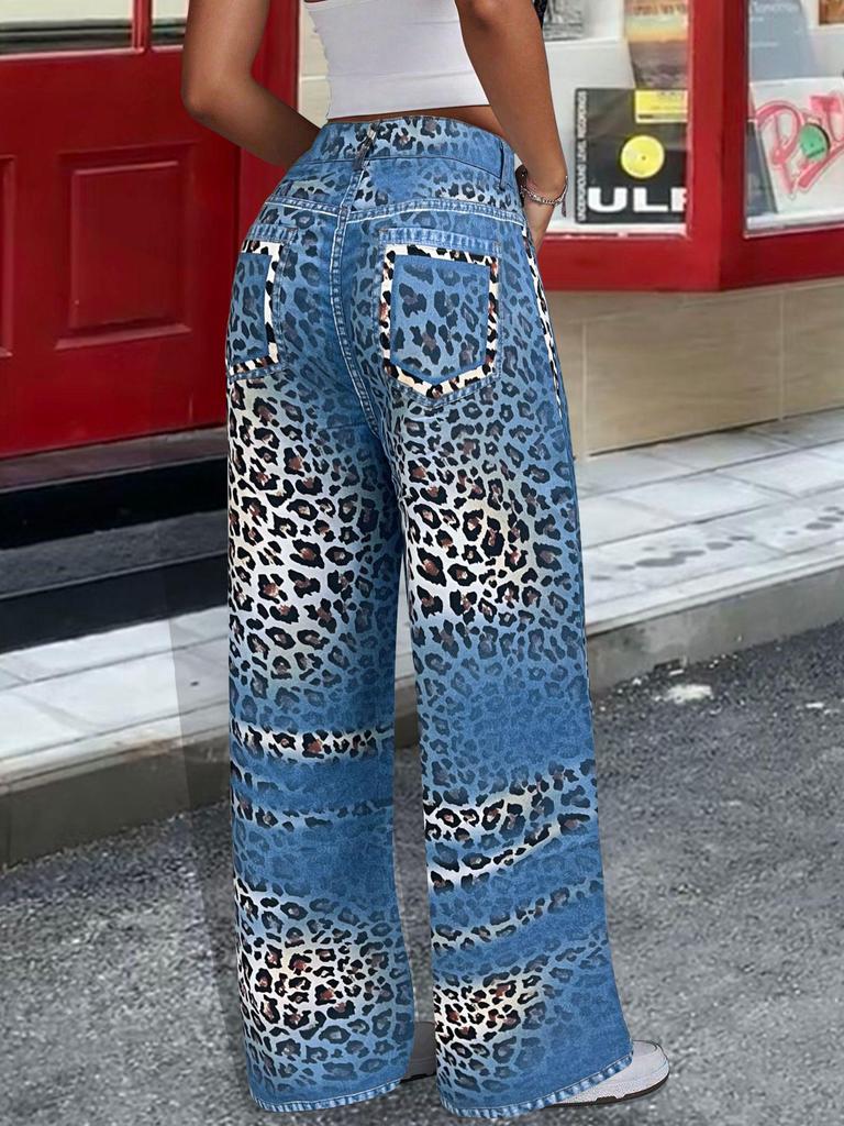 Unisex Retro Gradient Leopard Print Wide-Leg Jeans - Casual Straight Fit