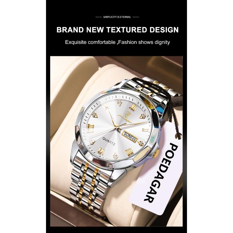 POEDAGAR Orologio da uomo di lusso originale impermeabile luminoso con data settimana acciaio inossidabile quarzo moda