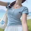 2025 Summer Korean Style V-neck Button Shoulder Embroidered Slim Women's T-shirt