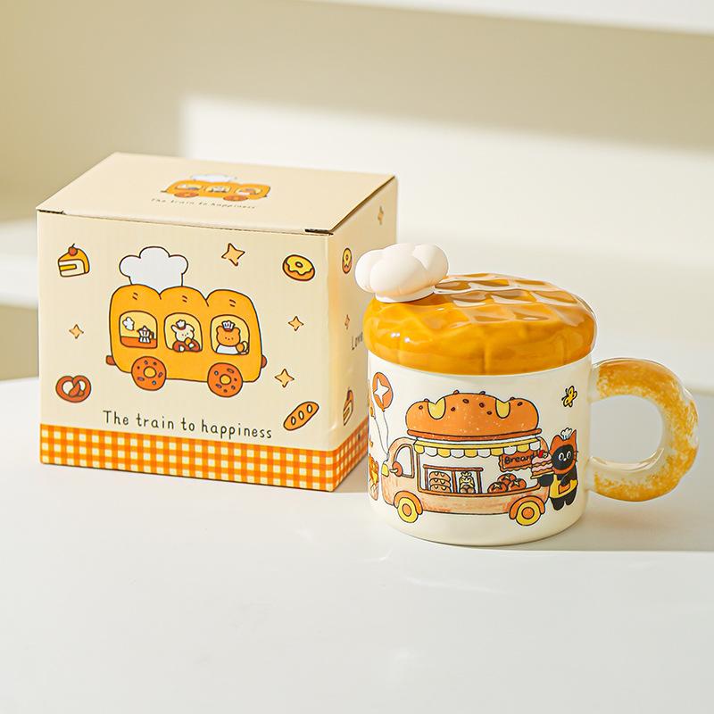 

Корейская креативная кружка для хлеба, мультяшная керамическая чашка с крышкой, бытовая чашка для воды, подарок на день рождения, сувенир 301-400ml