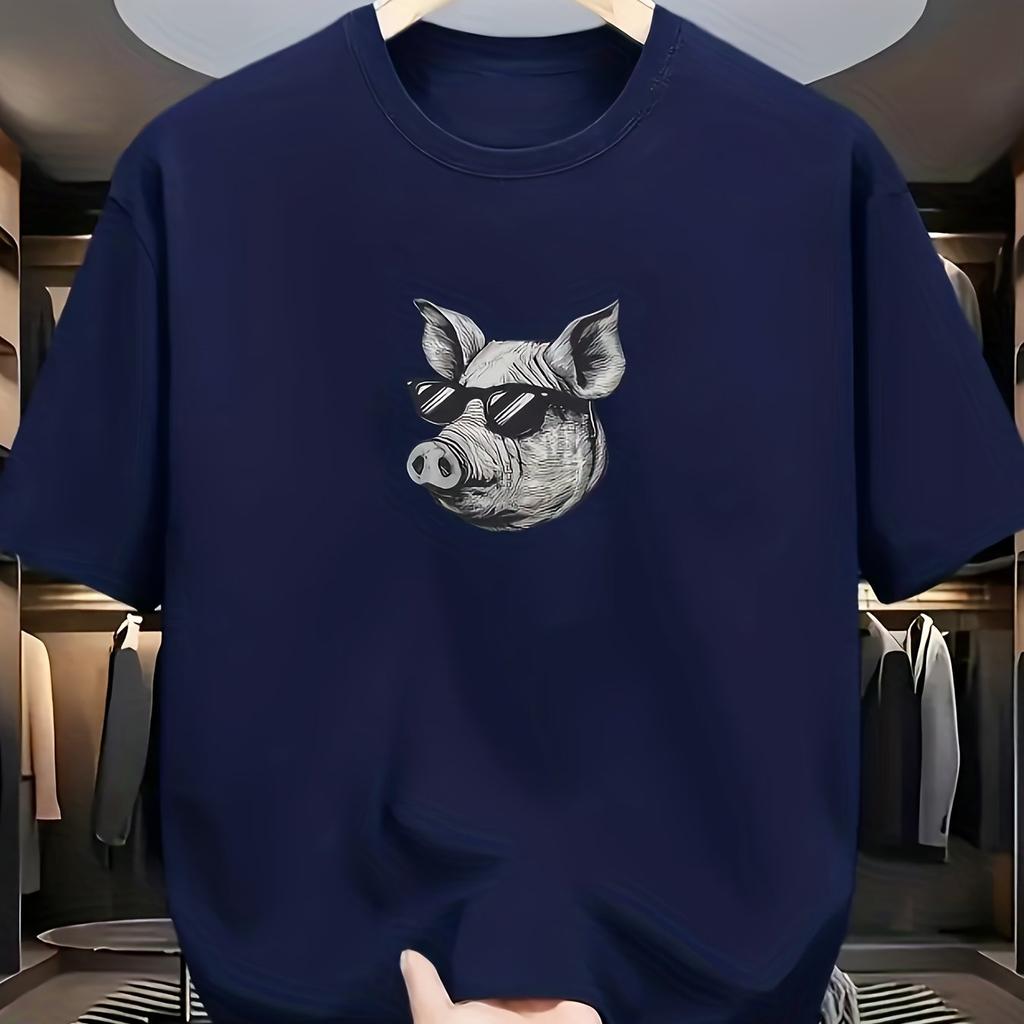 A Round-Neck Short-Sleeve T-Shirt Featuring a Print Design of a Cartoon Pig Head Wearing Glasses on The Front