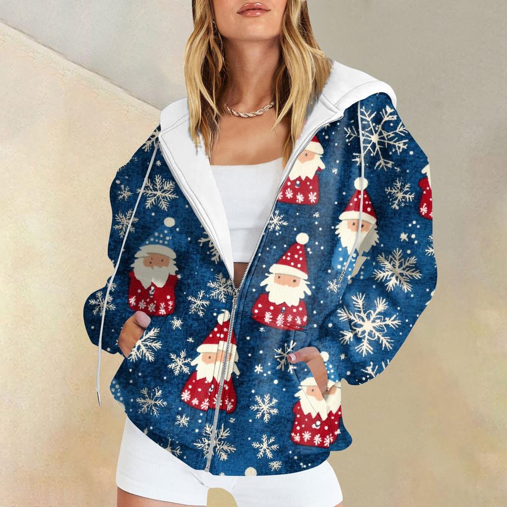 Women's Long Sleeve Christmas Print With Pockets Cardigan Zipper Hooded Sweatshirt Jacket