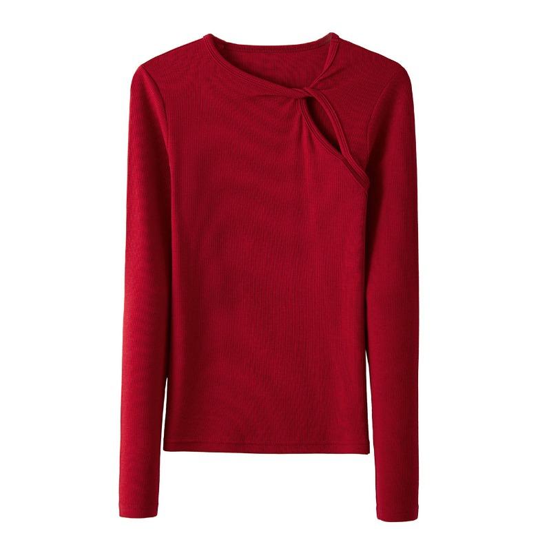 Frühling Herbst Einfarbig Ausgehöhltes Unterteil Damen Langarm Slim Knoten Pullover T-Shirt Temperament Top