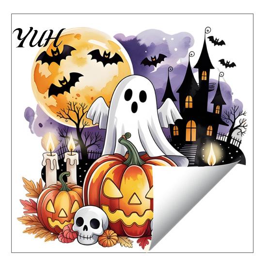 Halloween Window Clings Static Clings, Watercolor Pumpkin Ghost Skull Decals, No Removable Glass Decorations Glue Stickers for Living Room Store Front