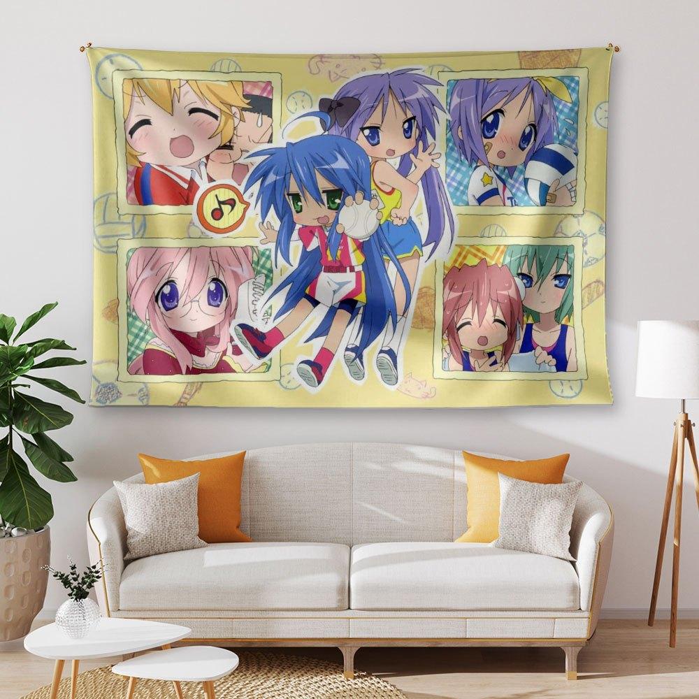 1pc Lucky Star Anime Tapestry Horizontal Manga Wall Hanging with Character Iconic Poses Polyester Decor for Room Bedspread