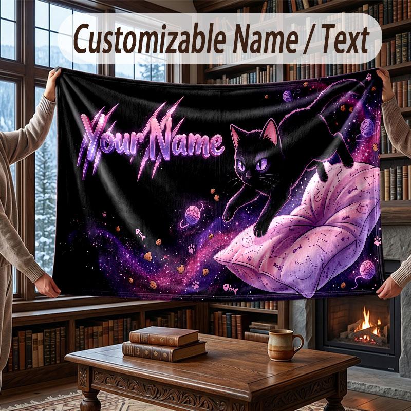 Cat Theme Throw Blanket Custom Name Text Personalized Blanket Soft Cozy Blanket for Home Sofa Bed