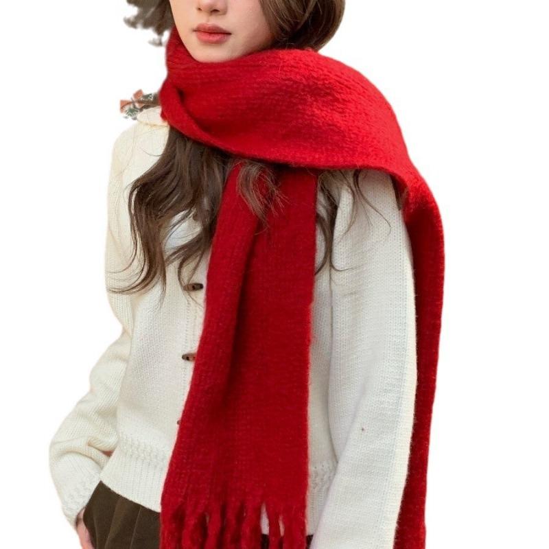 New Christmas red scarf women's winter warmth thickened imitation cashmere solid color knitted fringed scarf shawl student