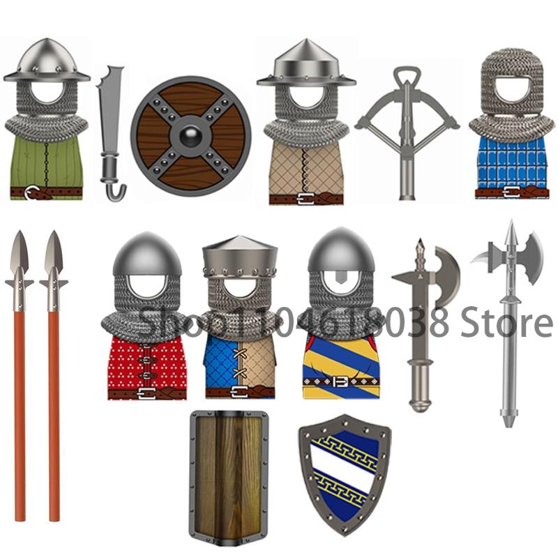 Medieval Castle Soldier Action Figures Building Block Empire Templars Lancer Warrior Militia Helmet Shield Sword Bow Toy Gifts