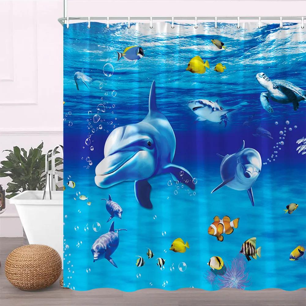 Ocean Duschvorhang Blau Duschvorhänge für Badezimmer Meerestier Polyester Unterwasserlandschaft Badezimmervorhang Set mit Haken