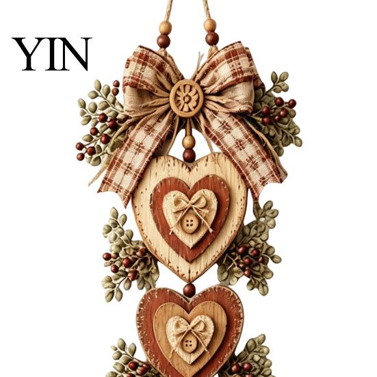 Pumpkin Decor with LED Lights Rustic Heart Shaped Wall Hanging Pendant Wooden Beads & Bow, Farmhouse Decorative Sign for Living Room Ornament
