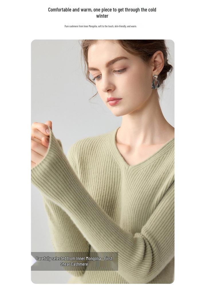 Damen Schlank geschnittener V-Ausschnitt 100% Kaschmir Pullover - Langarm, Einfarbig, Herbst/Winter Vielseitige Strickschicht