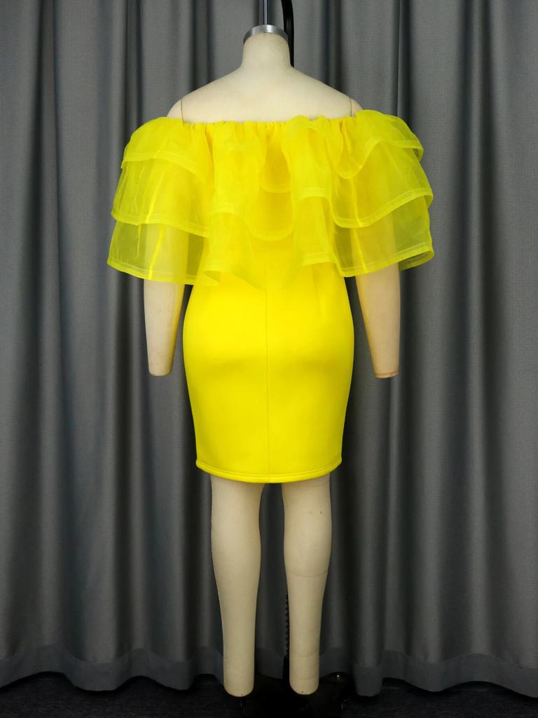 AOMEI Off Shoulder Party Dresses Yellow Sheer Tulle Ruffles Sexy Bodycon Mini Evening Cocktail Gowns for Women