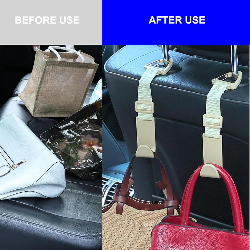 Amooca Headrest Hooks For Car Adjustable 4 Pack Vehicle Seat Back Organizer Storage Hanger Holder For Purse Bags Universal Fit With Clip Beige