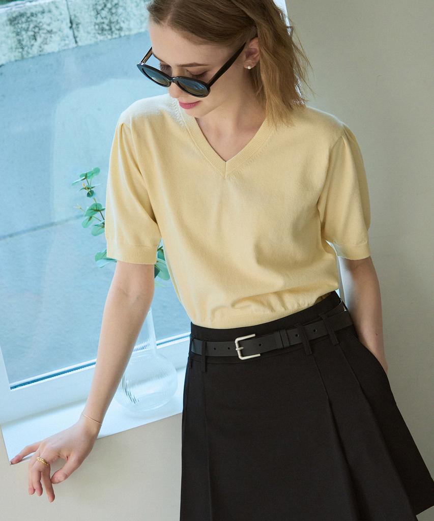 Deuloupisumeon V-Neck Puff Short Sleeve Cotton Knit [Cream]