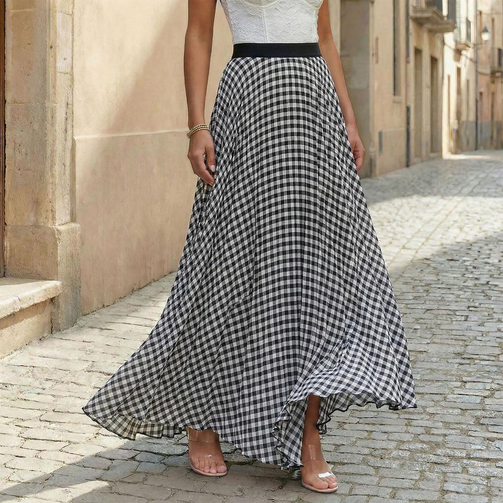 Women's Fashion Plaid Print Maxi Skirt Holiday Casual Pleated Half Skirt Flared Long Skirt with Elastic Waistband for Daily Wear