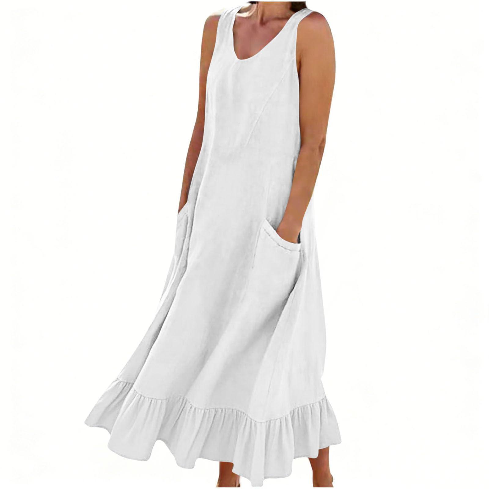 

Women s Fashion Casual Colour Sleeveless Cotton Linen Pocket Dress XL білий