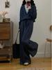 2025 Autumn Linen-Cotton Denim Set: Faux Two-Piece Jacket with Loose Wide-Leg Pants
