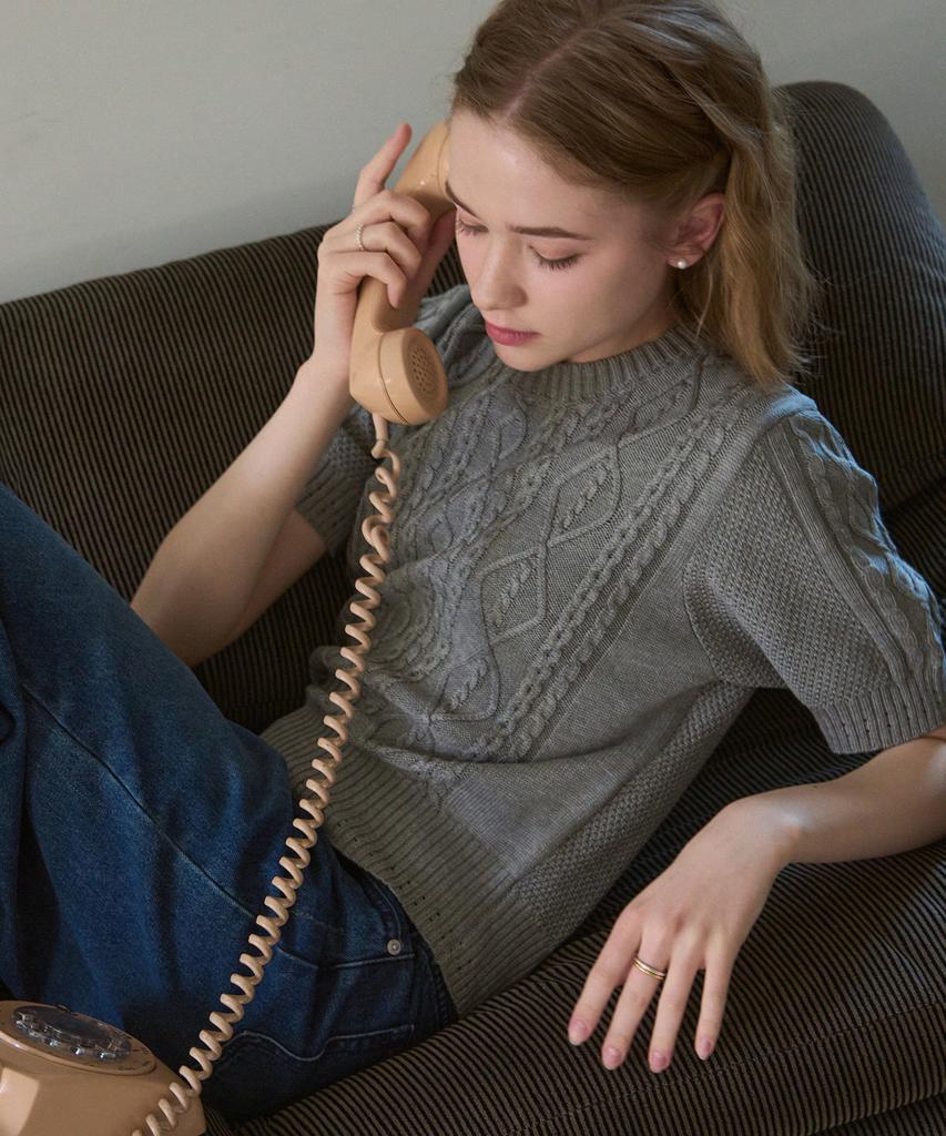 Deuloupisumeon Scalloped Cable Short Sleeve Knit [Sky Blue]