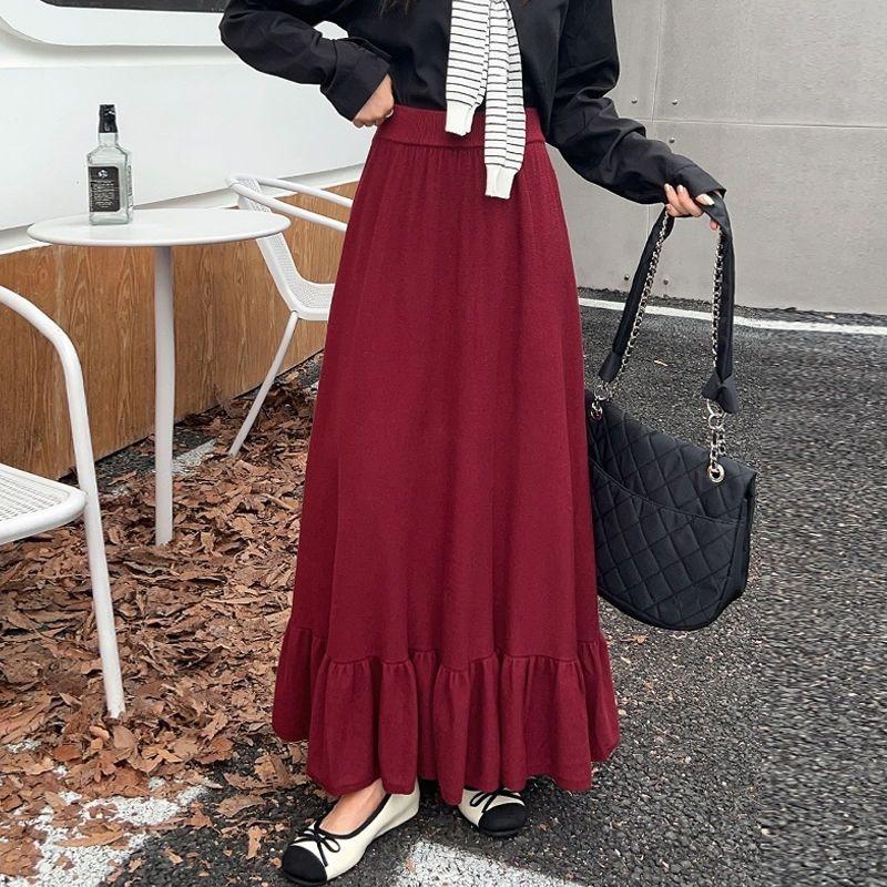 Thick Knitted Half Skirt Autumn/Winter New Popular Style Leaf High Waist Word Large Slimming Splicing Medium Length Long Skirt